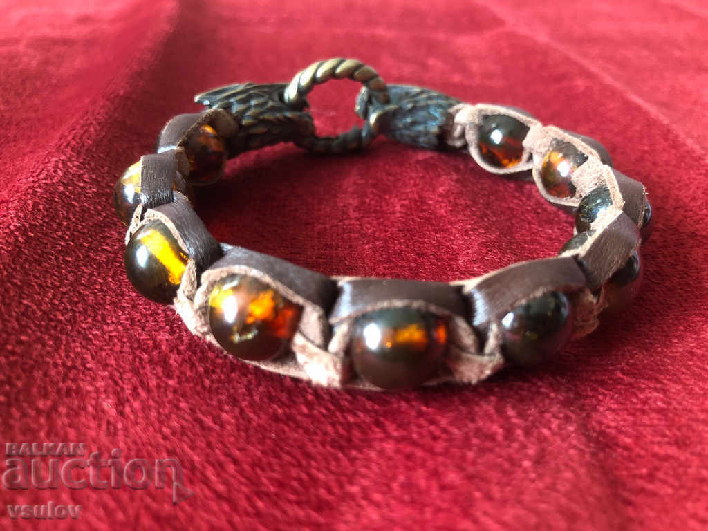 Auction  Bracelet amber leather bronze wolf wolves