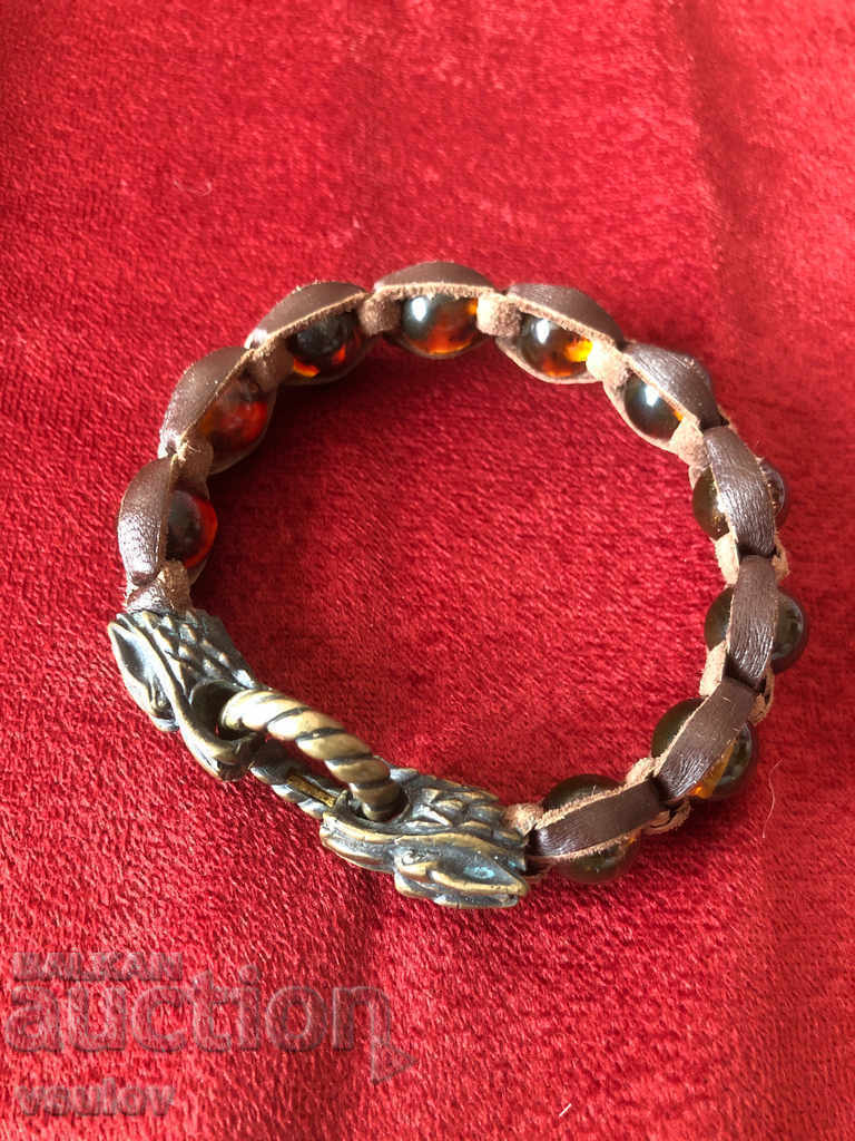 Bracelet amber leather bronze wolf wolves - 5
