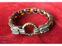 Bracelet amber leather bronze wolf wolves