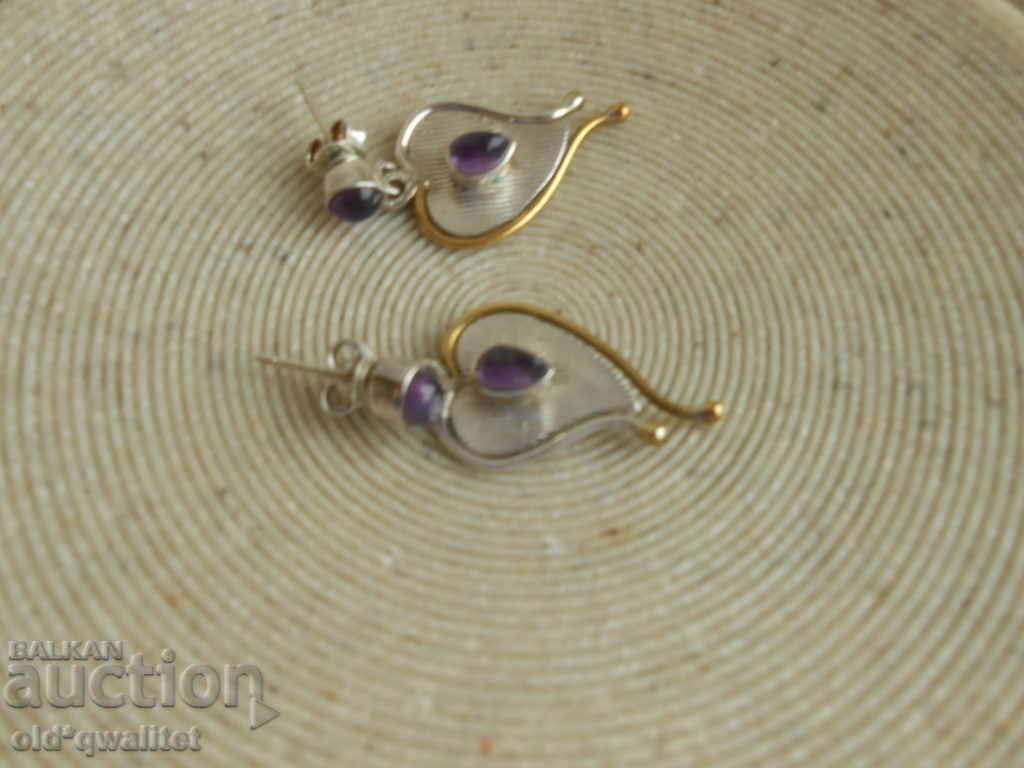 Аукцион Дълги сребърни обици с позлата, Аметист, Сребро 925 Аукцион Дълги сребърни обици с позлата, Аметист, Сребро 925