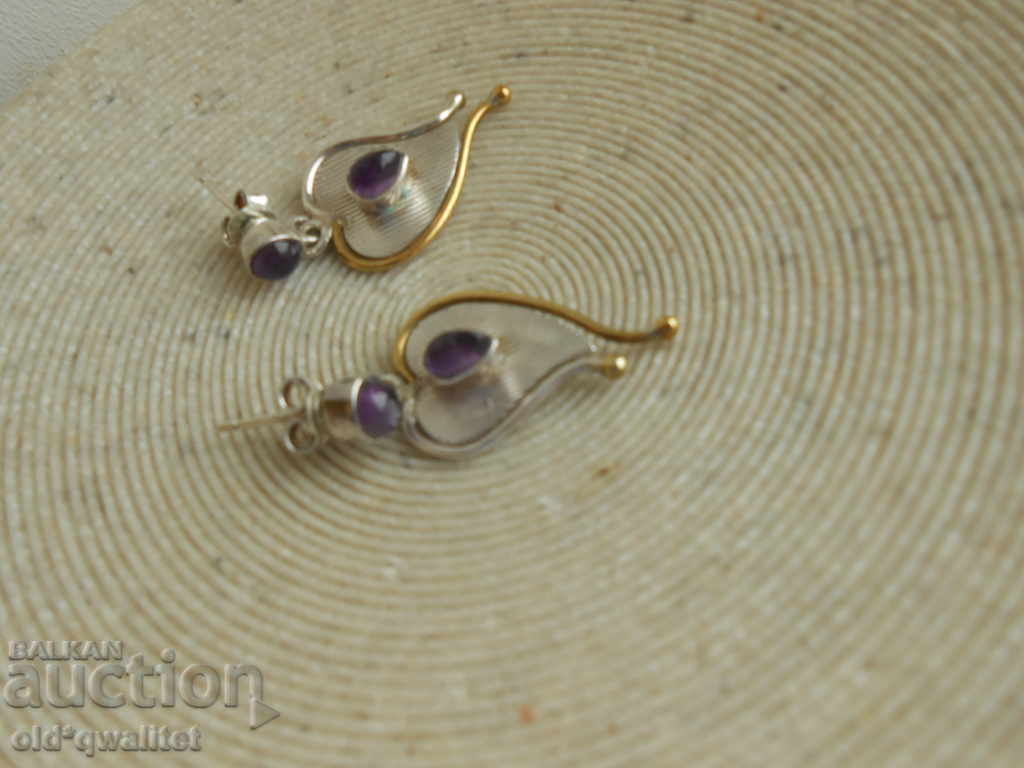 Доставка на Дълги сребърни обици с позлата, Аметист, Сребро 925 Доставка на Дълги сребърни обици с позлата, Аметист, Сребро 925