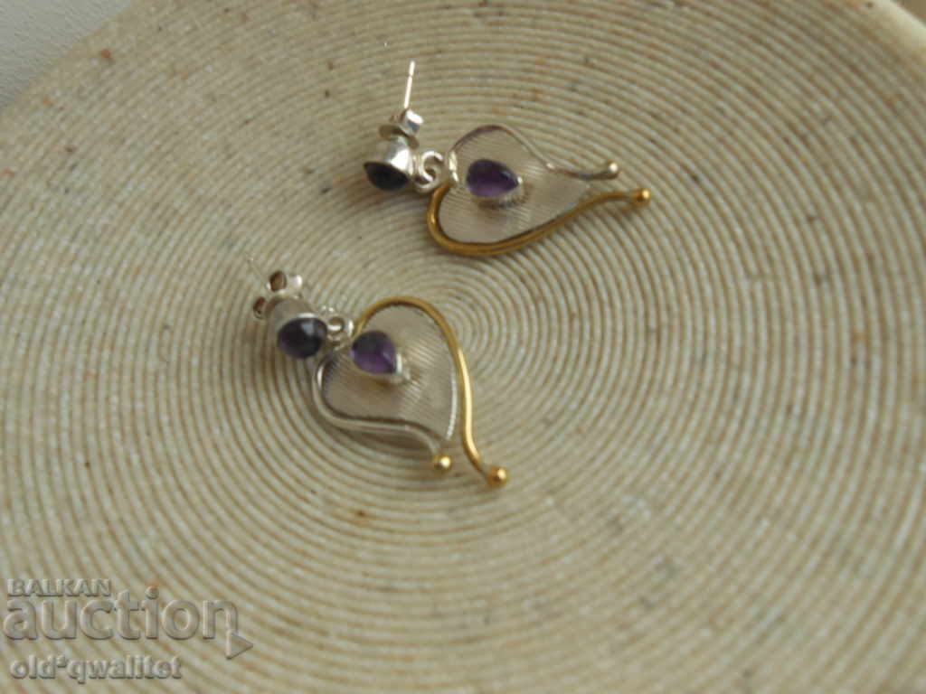 Дълги сребърни обици с позлата, Аметист, Сребро 925 - 5 Дълги сребърни обици с позлата, Аметист, Сребро 925 - 5