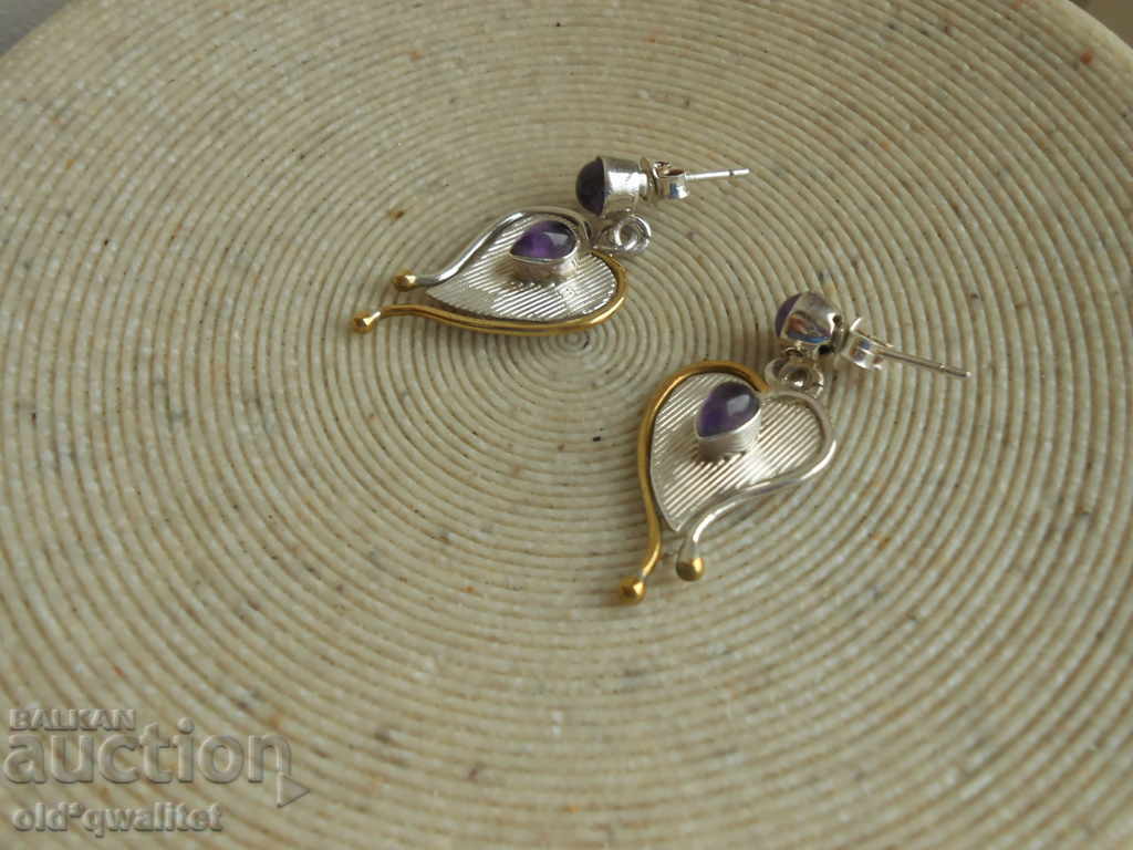 Дълги сребърни обици с позлата, Аметист, Сребро 925 - 6 Дълги сребърни обици с позлата, Аметист, Сребро 925 - 6