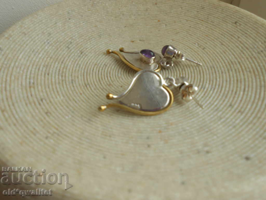 Дълги сребърни обици с позлата, Аметист, Сребро 925 - 7 Дълги сребърни обици с позлата, Аметист, Сребро 925 - 7