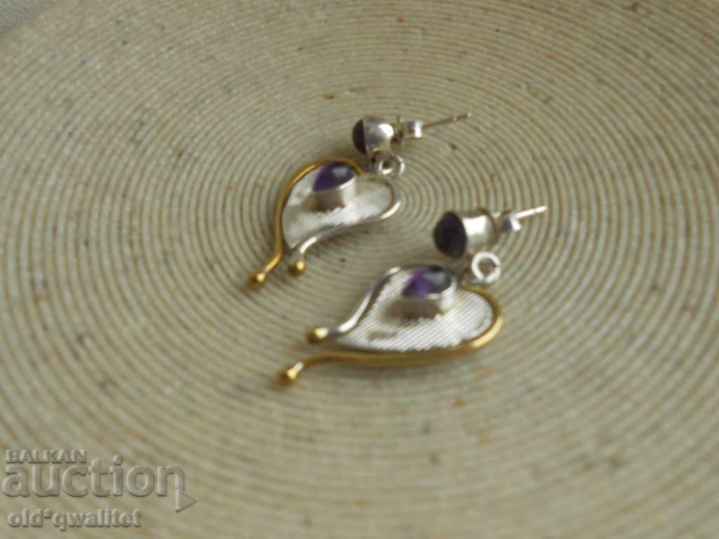 Μακριά ασημένια σκουλαρίκια με επιχρυσωμένο, Αμέθυστος, Ασημί 925