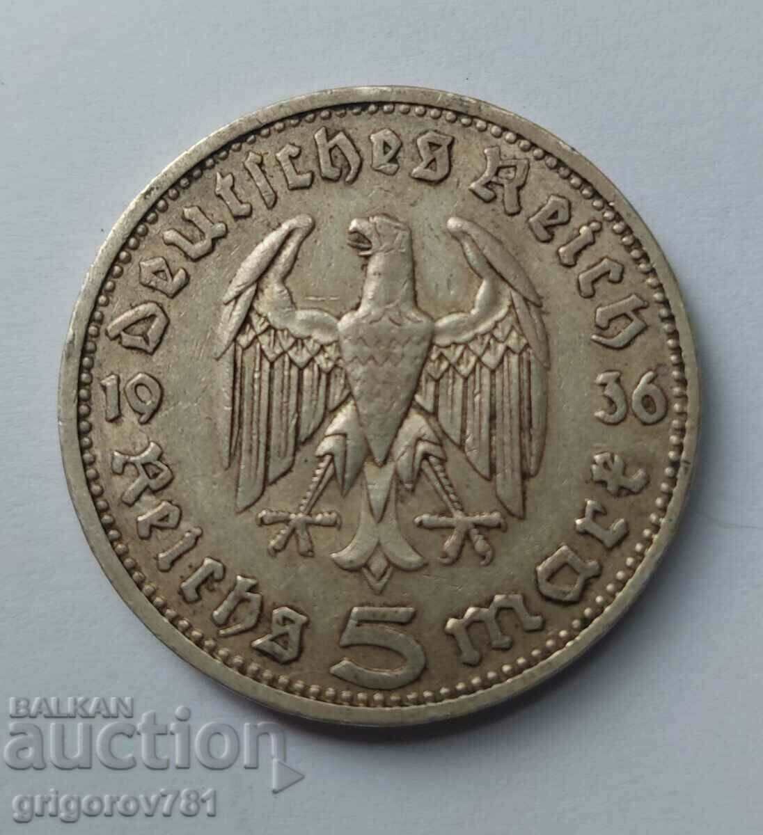 5 марки сребро Германия 1936 D III Райх  сребърна монета №29