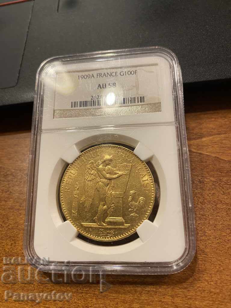 100 de franci Moneda de aur din Franța din 1909 NGC au 58