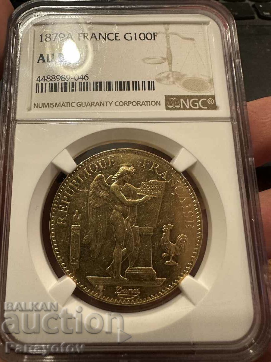 100 de franci 1879 Franța Moneda de aur de aur NGC au 58