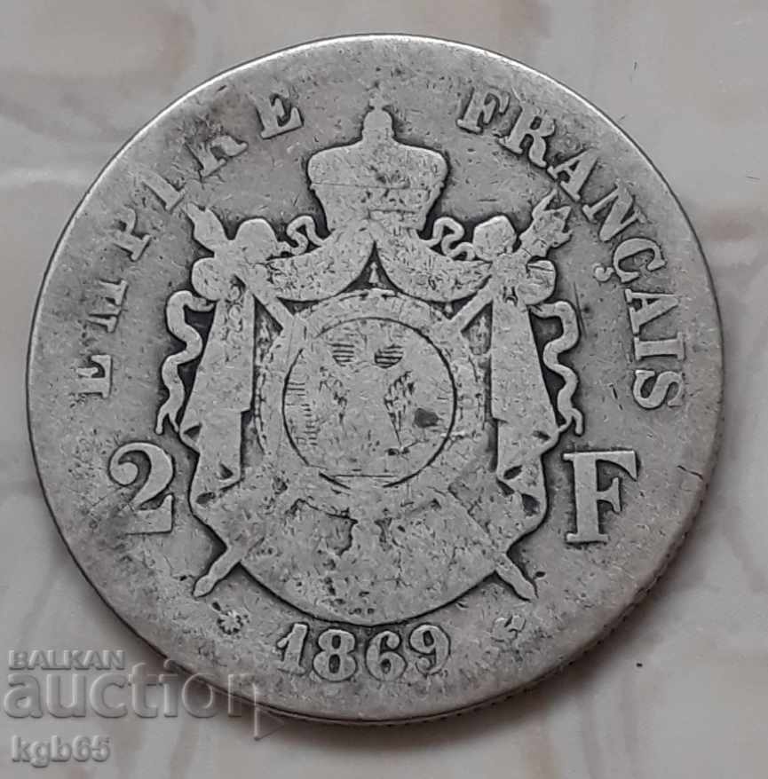 2 francs 1869. France .Rare.