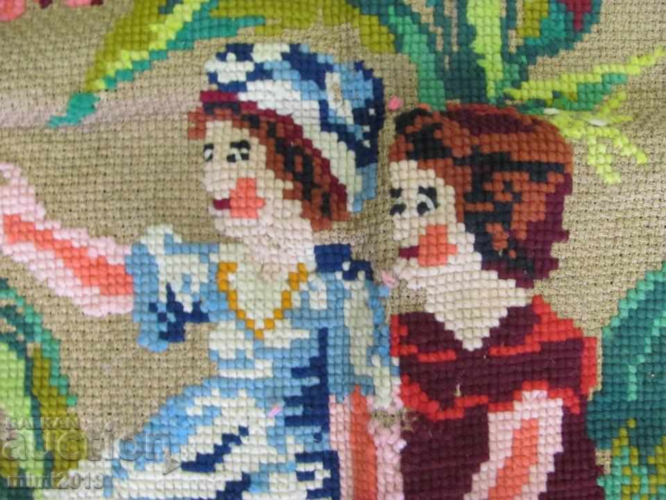 19th century Large tapestry hand-sewn sackcloth and woolen threads - 5