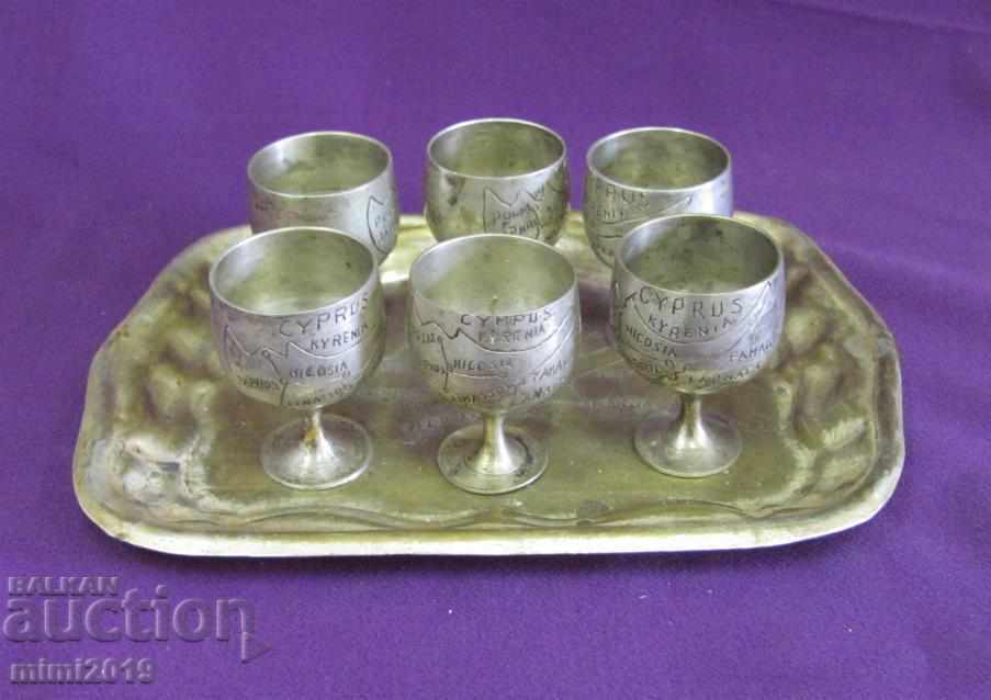 30 Antique Tray and 6 pcs. Cups Cyprus
