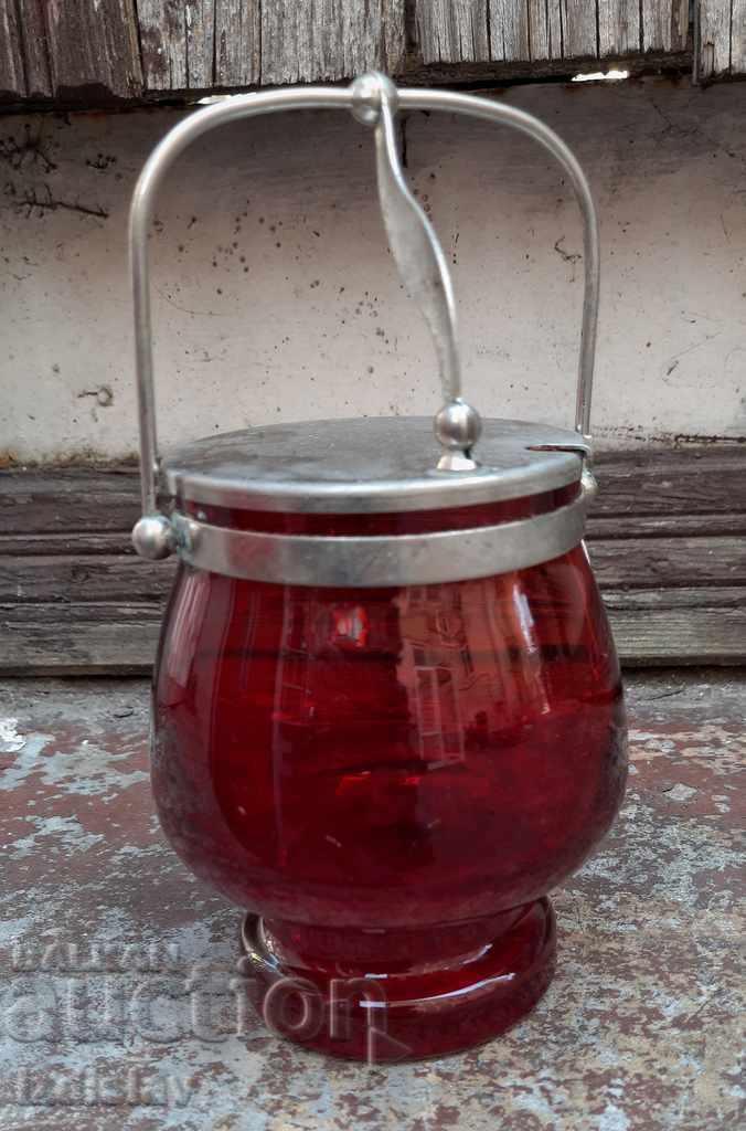 Стара  червена стъклена захарница