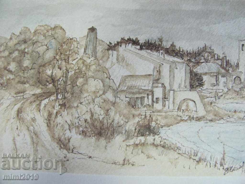 Auction 90s Painting Watercolor dry needle N. Kostov signed Auction 90s Painting Watercolor dry needle N. Kostov signed