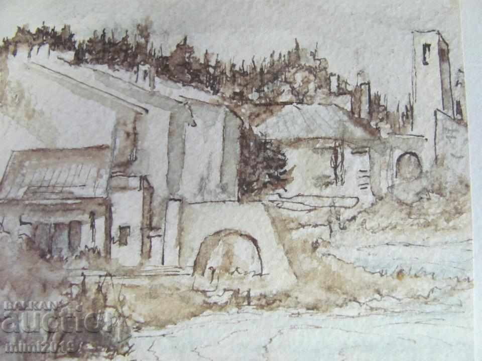 Delivery of 90s Painting Watercolor dry needle N. Kostov signed Delivery of 90s Painting Watercolor dry needle N. Kostov signed