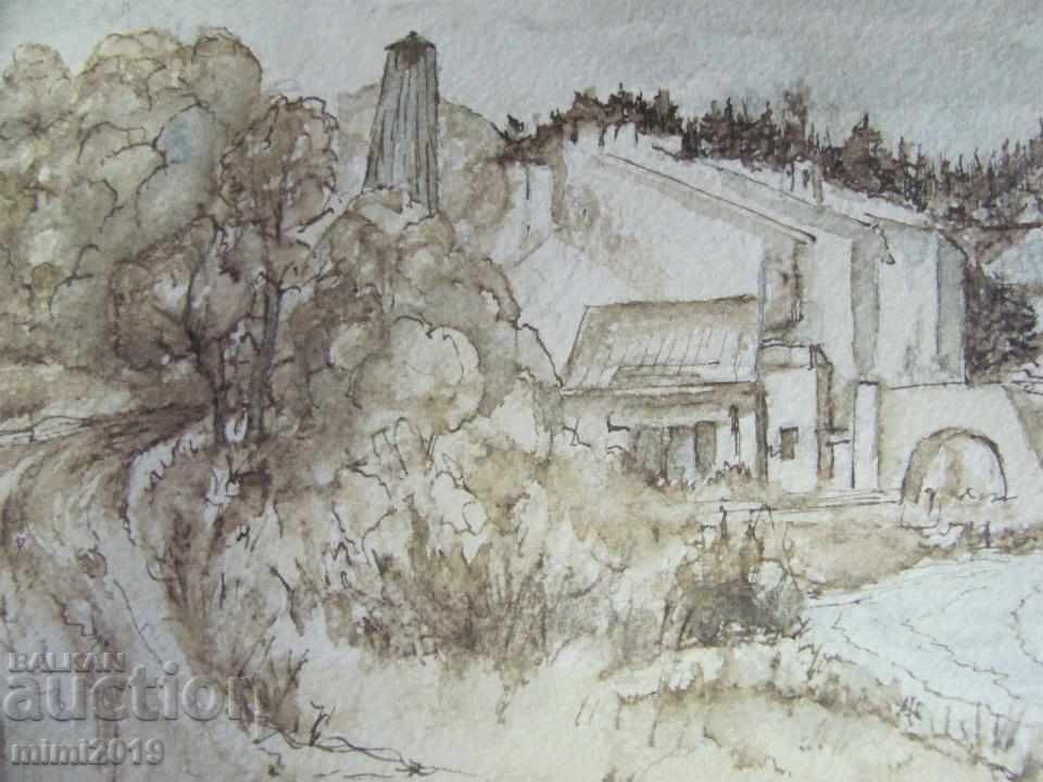 90s Painting Watercolor dry needle N. Kostov signed - 5 90s Painting Watercolor dry needle N. Kostov signed - 5