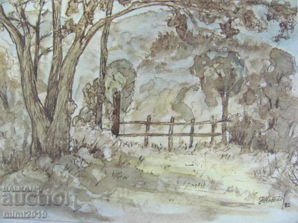 Auction 90s Painting Watercolor dry needle N. Kostov signed Auction 90s Painting Watercolor dry needle N. Kostov signed