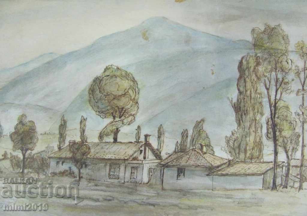 80s Painting Watercolor dry needle N. Kostov signed with price 70.00 BGN | € 35.79 80s Painting Watercolor dry needle N. Kostov signed with price 70.00 BGN | € 35.79