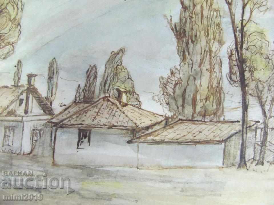 Auction 80s Painting Watercolor dry needle N. Kostov signed Auction 80s Painting Watercolor dry needle N. Kostov signed