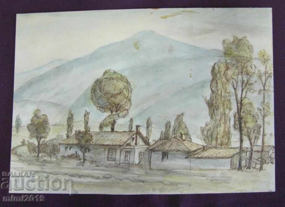 80s Painting Watercolor dry needle N. Kostov signed