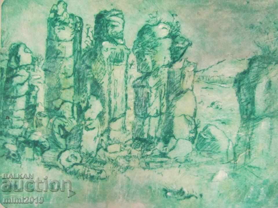 Auction 80s Painting Watercolor dry needle N. Kostov signed Auction 80s Painting Watercolor dry needle N. Kostov signed