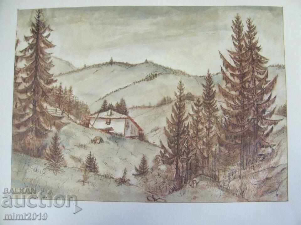 Delivery of 80s Painting Watercolor Drypoint N. Kostov Signed Delivery of 80s Painting Watercolor Drypoint N. Kostov Signed