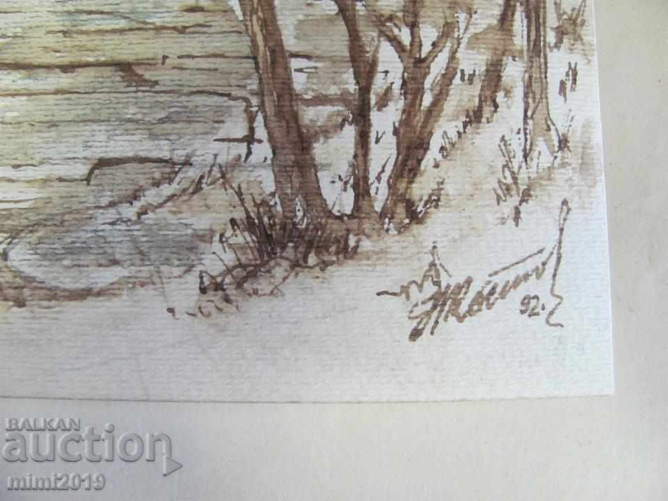 Auction 90s Painting Watercolor dry needle N. Kostov signed Auction 90s Painting Watercolor dry needle N. Kostov signed