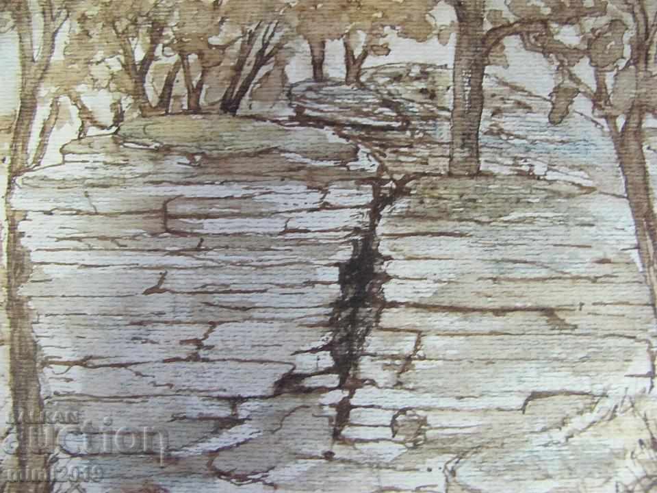 Delivery of 90s Painting Watercolor dry needle N. Kostov signed Delivery of 90s Painting Watercolor dry needle N. Kostov signed