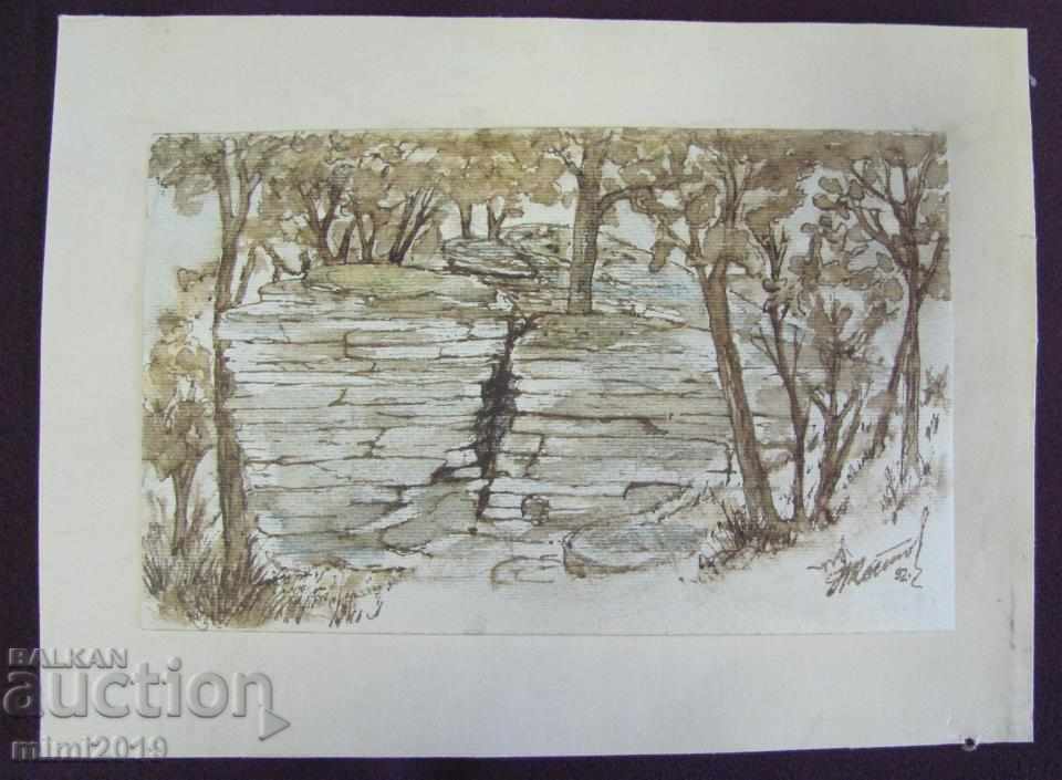 90s Painting Watercolor dry needle N. Kostov signed