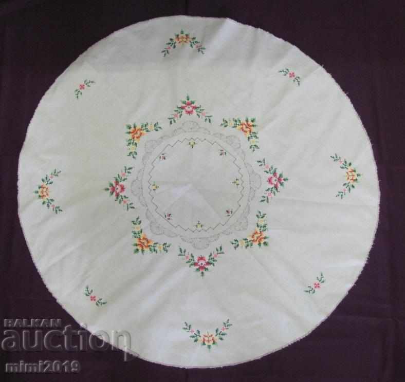 50's Hand Embroidered Cotton Tablecloth