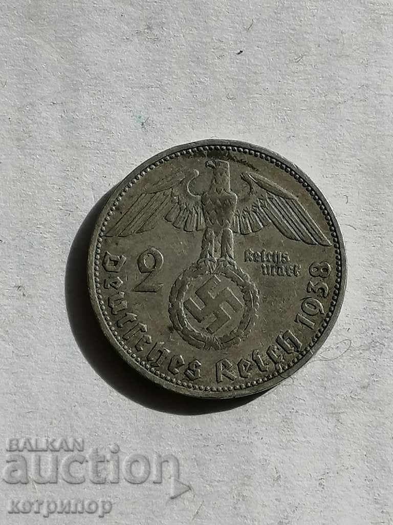 2 Marks Germany 1938 D Silver 2 Marks Germany 1938 D Silver