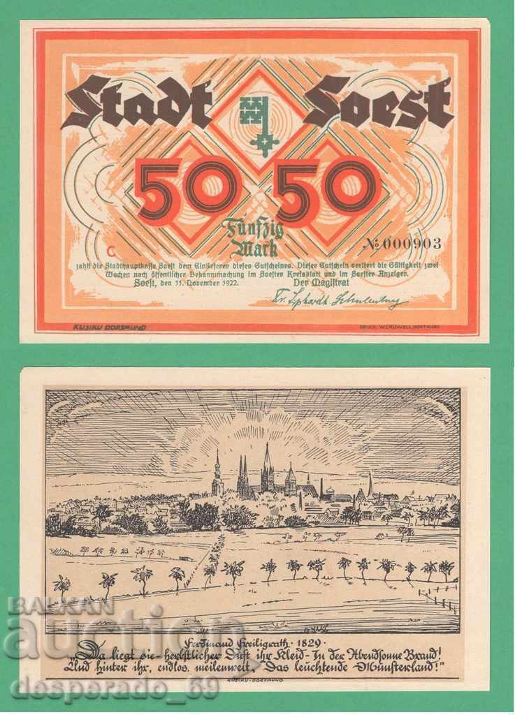 (¯`'•.¸ГЕРМАНИЯ (Soest) 50 марки 1922  UNC¸.•'´¯)