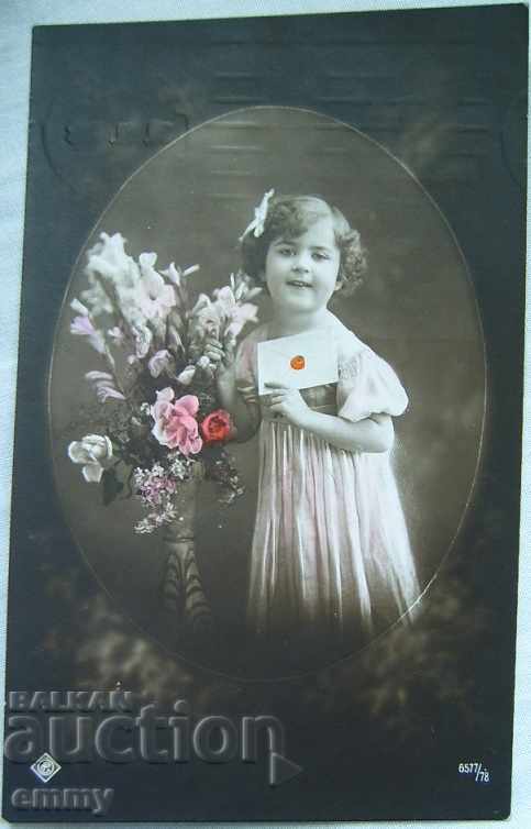 Card beautiful child girl with flowers 1923