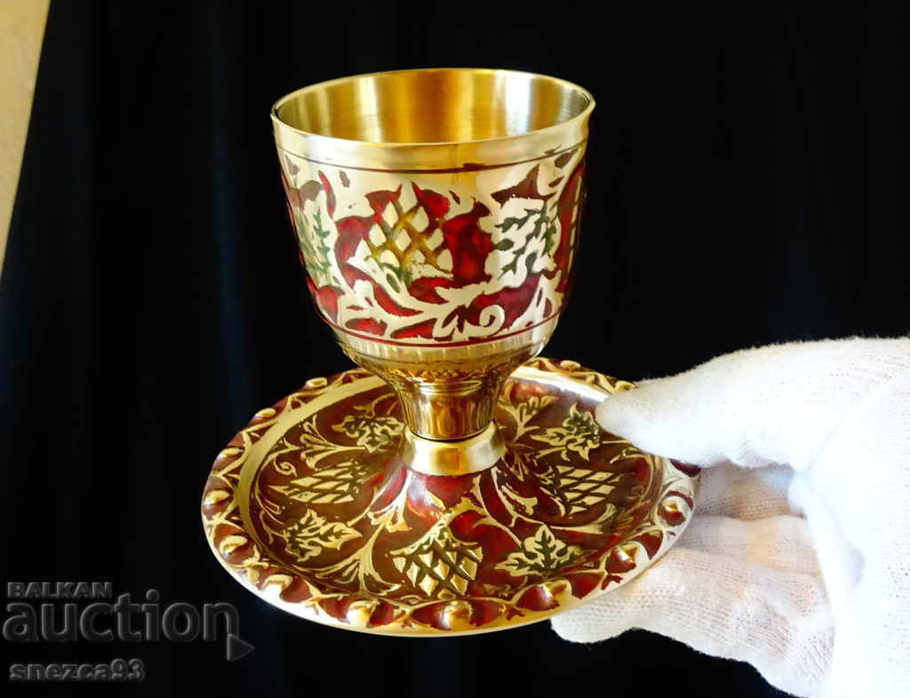 English bronze oil lamp, goblet, cloisonné enamel English bronze oil lamp, goblet, cloisonné enamel