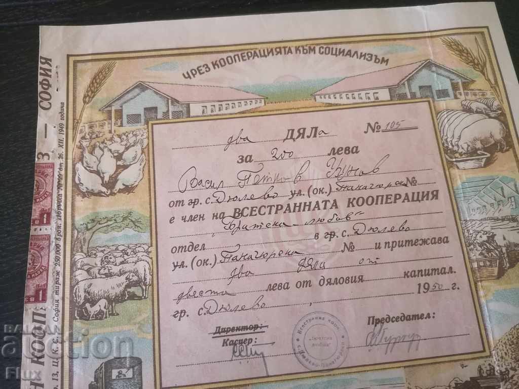 2 acțiuni de 100 BGN fiecare Vsestr. cooperativă „Dragoste frățească” | 1950 cu preț 17.00 BGN | € 8.69