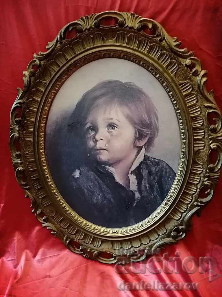 Painting "The Crying Boy" Baroque Frame, Bruno Amadio