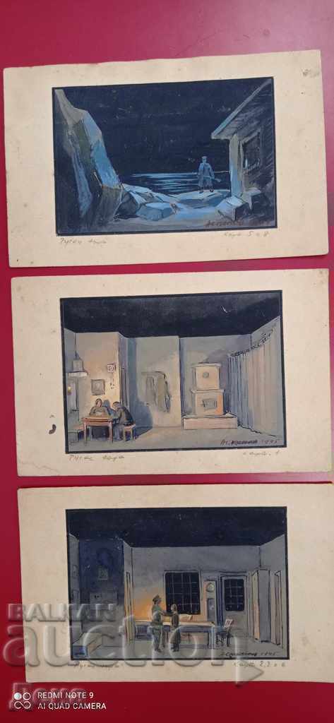 Asen Popov - lot of 3 Scenographies 1945