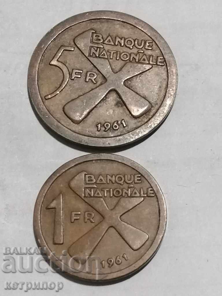 1 и 5 франка Катанга 1961г. Медни