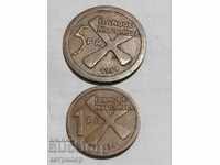 1 and 5 francs Katanga 1961. Copper