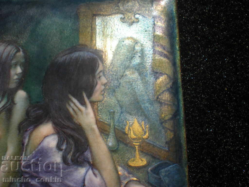 Delivery of French painting Enamel and Gold on copper Art Nouveau signature.