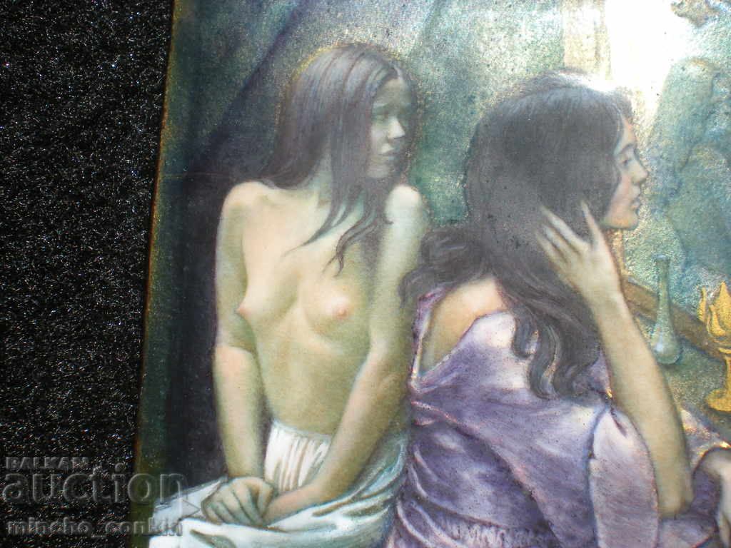 French painting Enamel and Gold on copper Art Nouveau signature. - 5