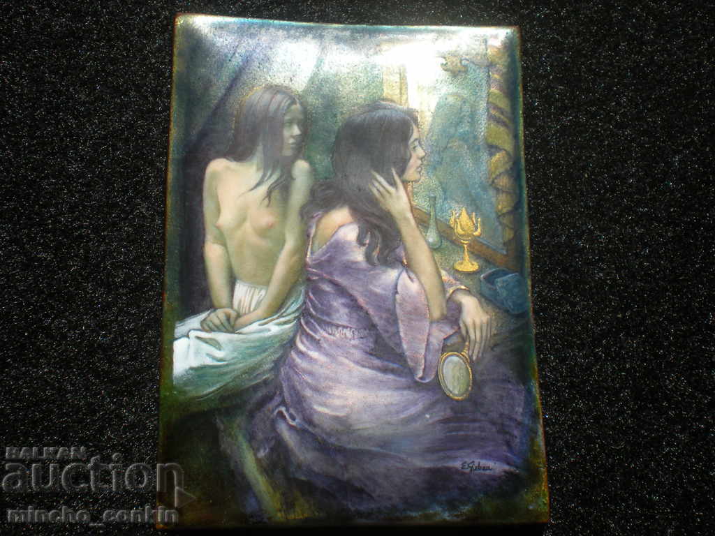 French painting Enamel and Gold on copper Art Nouveau signature.