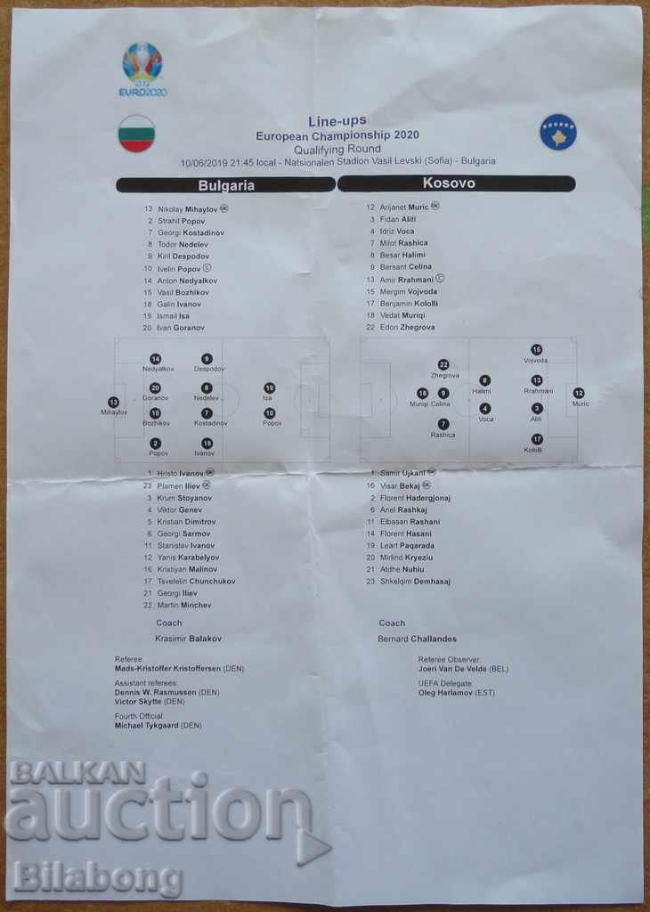 Football team list Bulgaria-Kosovo, Sofia - 2019