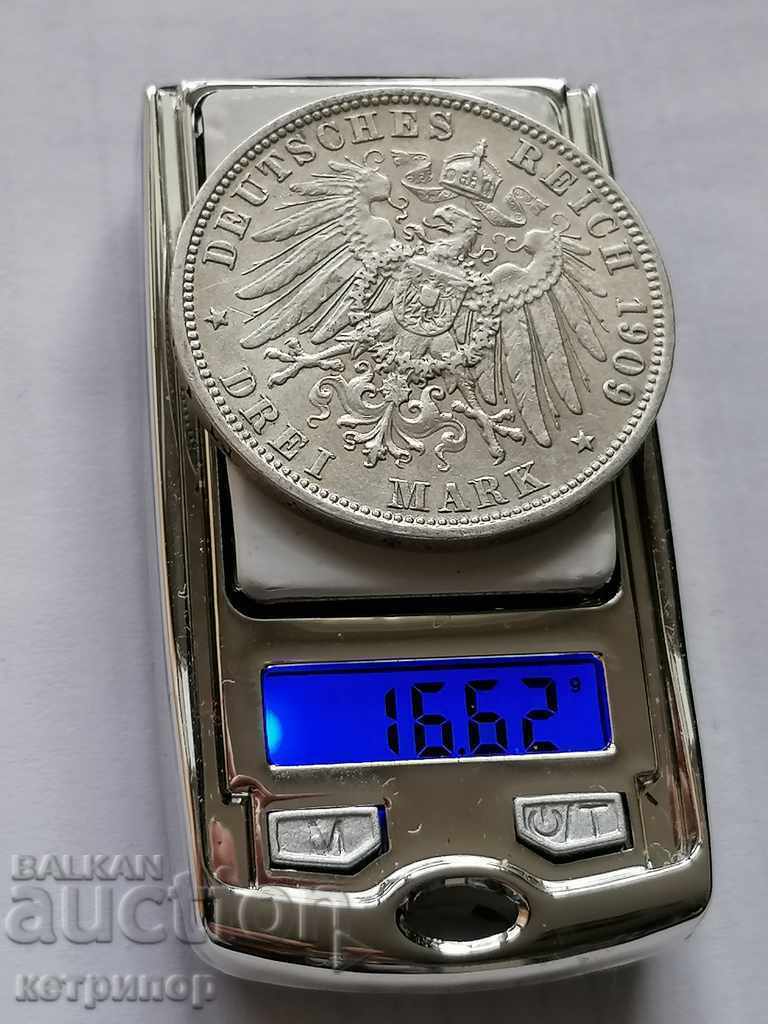 Auction 3 marks Bavaria 1909 D silver. Germany Auction 3 marks Bavaria 1909 D silver. Germany