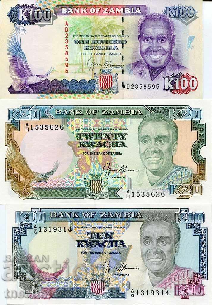 ZAMBIA SET 3 buc. -10-20-100 KVACHA 1989-UNC