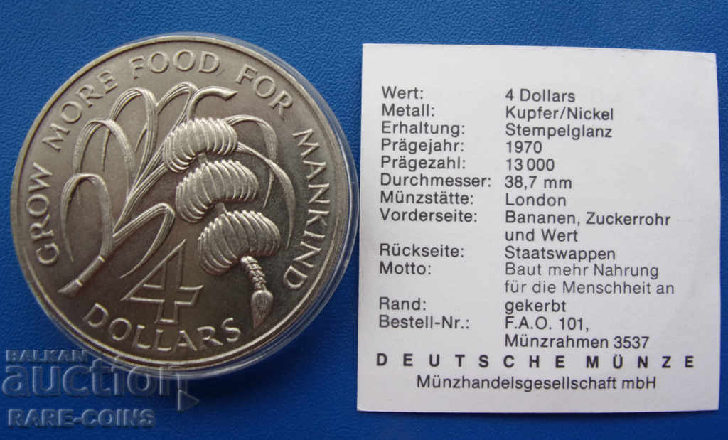 Παράδοση Dominica 4 Dollars 1970 Εξαιρετικά σπάνιο πρωτότυπο UNC