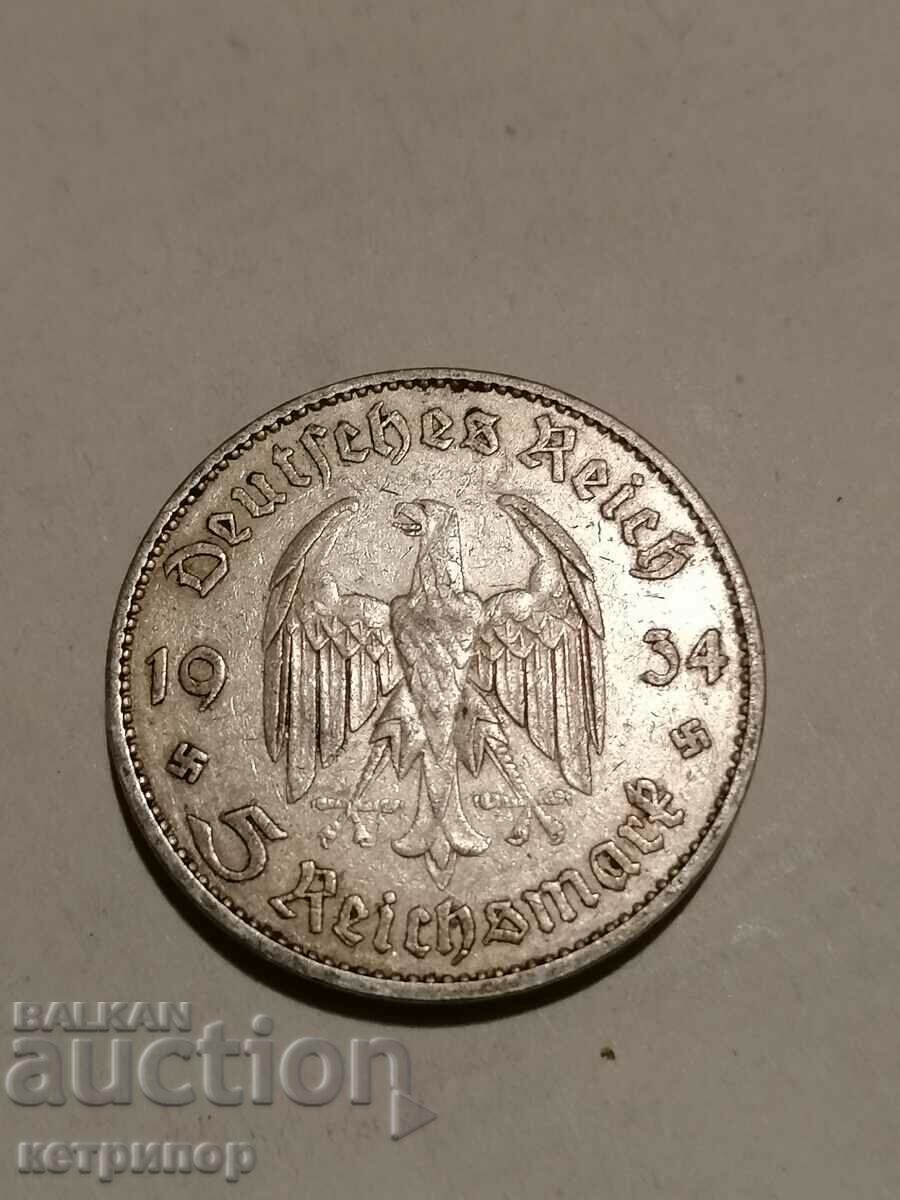5 marks Germany 1934 A silver. 5 marks Germany 1934 A silver.
