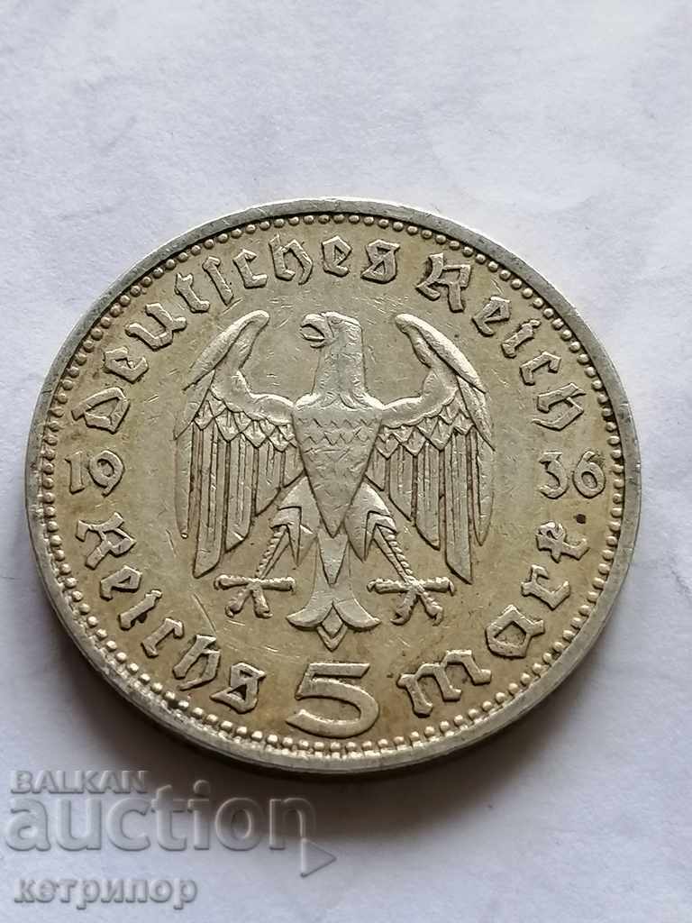 5 marks Germany 1936 D silver. with price 46.00 BGN | € 23.52 5 marks Germany 1936 D silver. with price 46.00 BGN | € 23.52