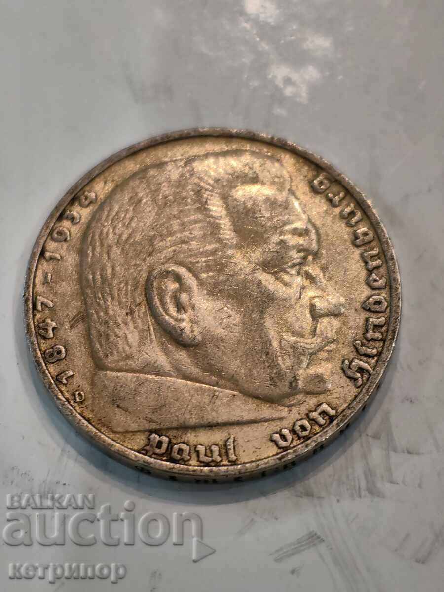 5 marks Germany 1936 D silver