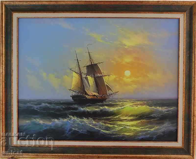 Sea romance under a full moon, painting