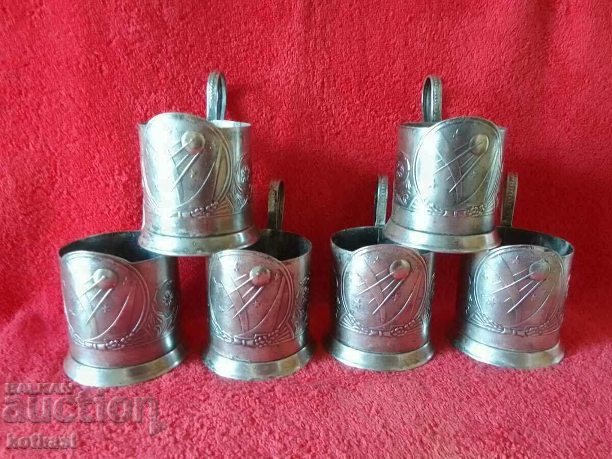 Old soc USSR Russia propped Cosmos Sputnik silver plated 6 pcs.